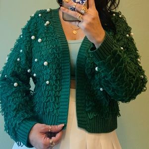 Mighty Fine Green Loop and Pearl Cardigan Sweater